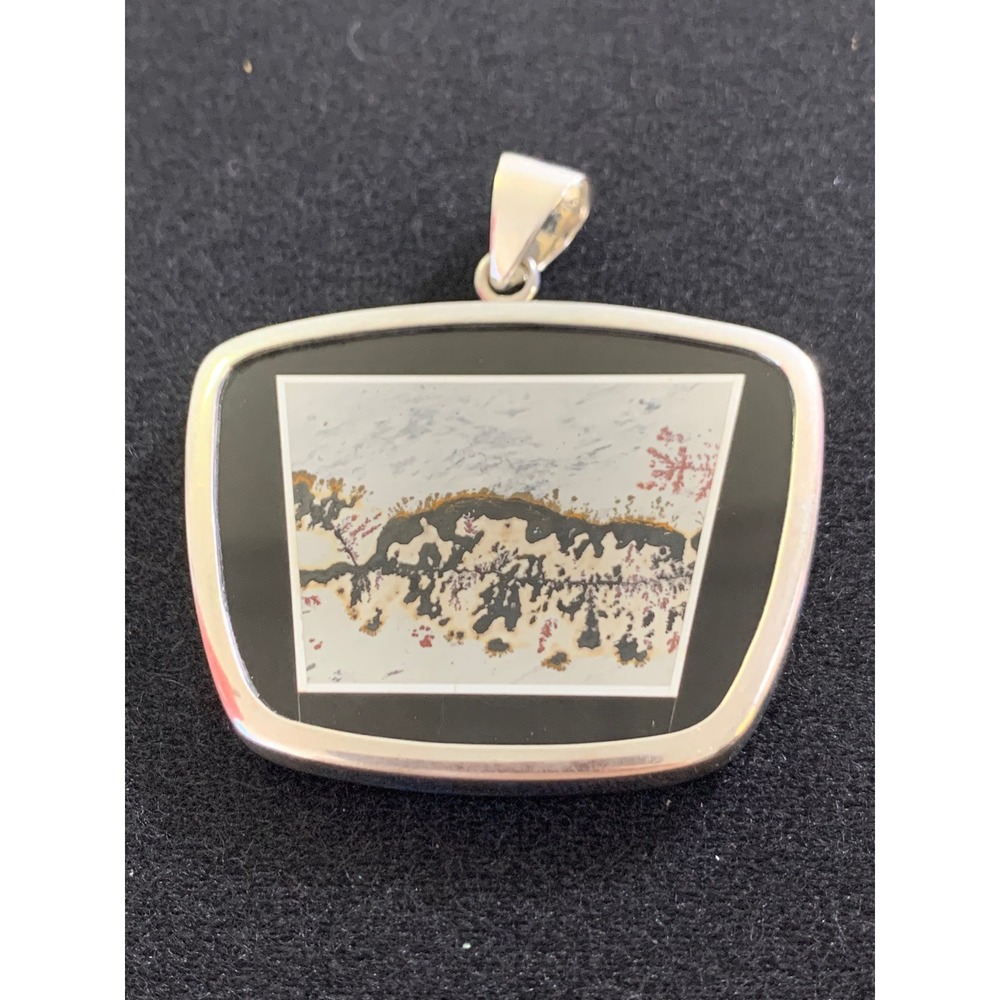 Vintage Sterling Silver 925 Intarsia Scenic Dendritic Agate Onyx Pendant